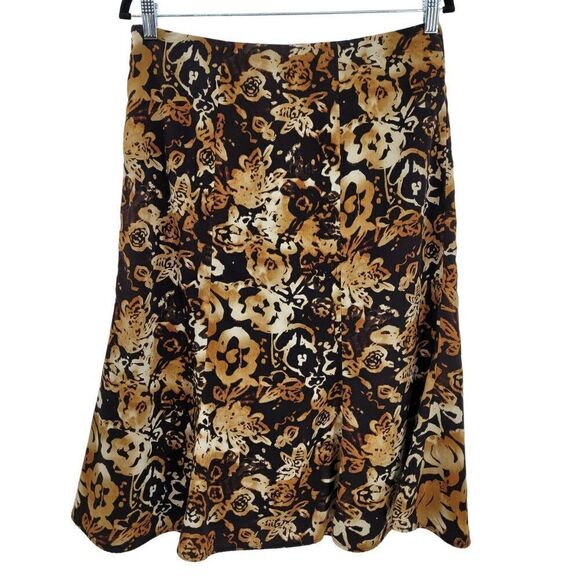 Vintage 90's Jones Wear Skirt Midi Trumpet Ruffle Abstract Burnt Floral Brown 8 - Picture 1 of 9